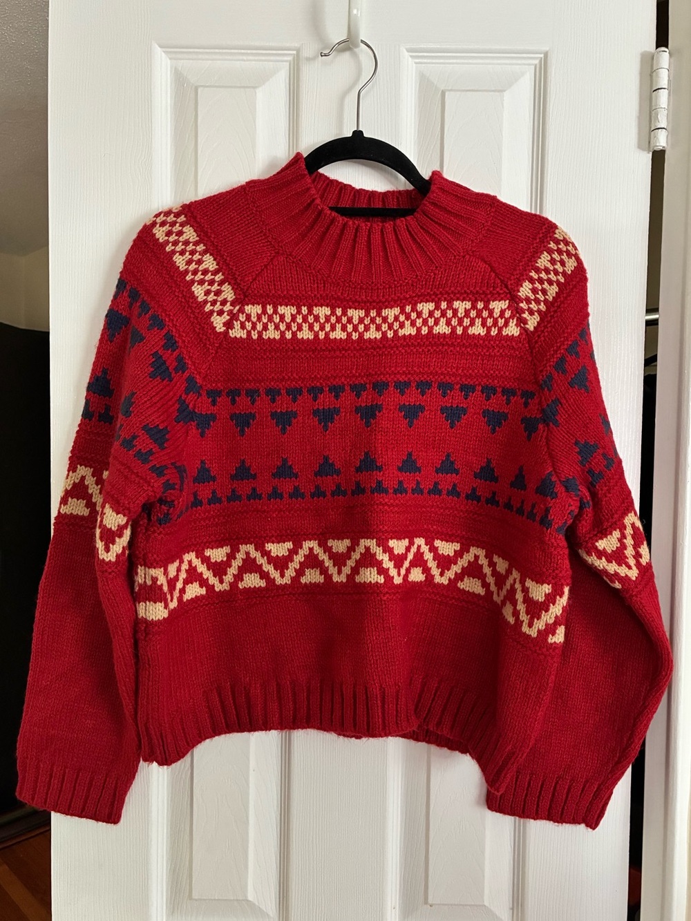 Universal Thread Red Fair Isle Turtleneck Sweater with Navy & Cream Pattern